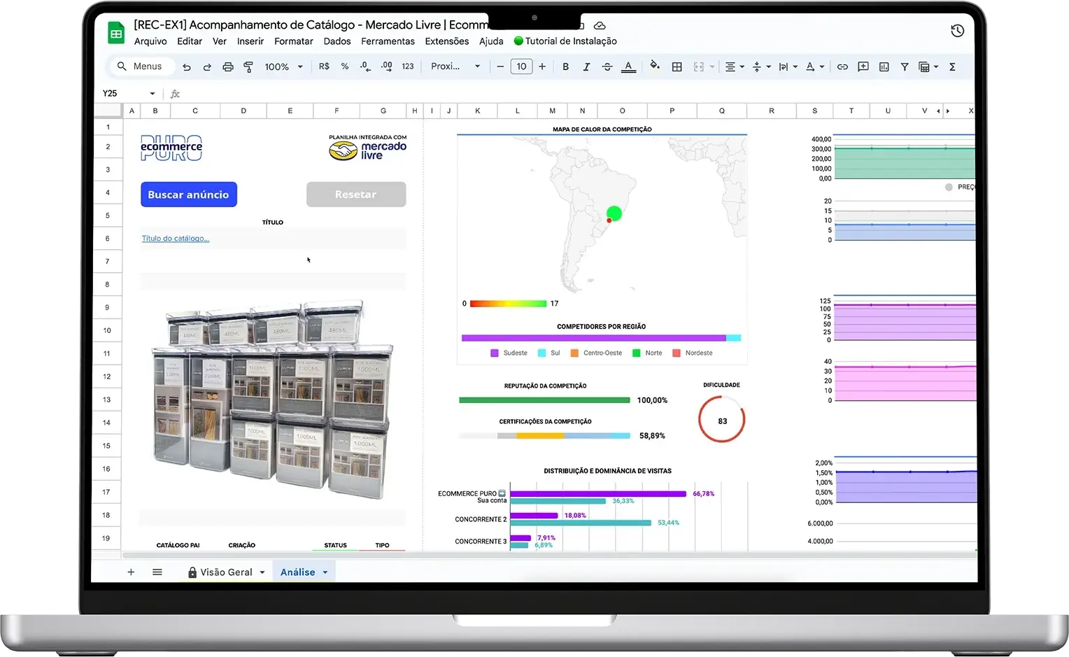 Planilha de acompanhamento de catálogo do Mercado Livre aberta em um notebook, com mapa de calor da competição e gráficos de visitas.
